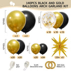 RUBFAC 140pcs Black & Gold Balloons Kit – Premium Latex Confetti Stars, 5/10/12/18 Inch for Party Decor