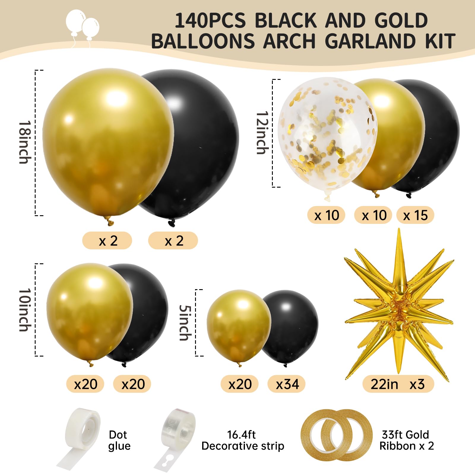 RUBFAC 140pcs Black & Gold Balloons Kit – Premium Latex Confetti Stars, 5/10/12/18 Inch for Party Decor
