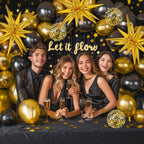 RUBFAC 140pcs Black & Gold Balloons Kit – Premium Latex Confetti Stars, 5/10/12/18 Inch for Party Decor