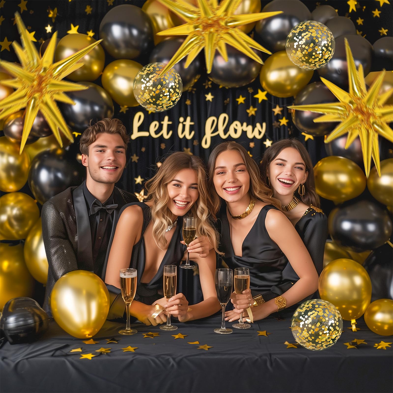 RUBFAC 140pcs Black & Gold Balloons Kit – Premium Latex Confetti Stars, 5/10/12/18 Inch for Party Decor
