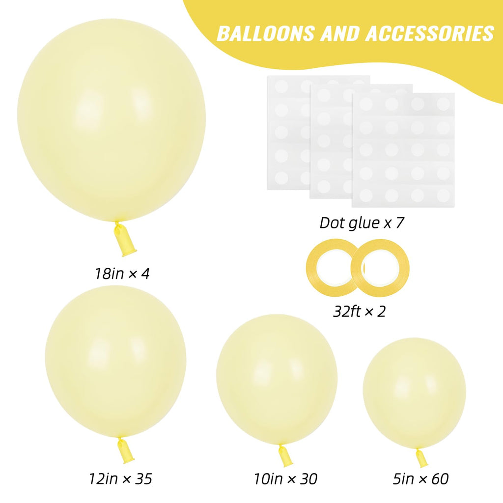 RUBFAC 129pcs Pastel Yellow Balloons Set - 18in, 12in, 10in & 5in for Party Decor