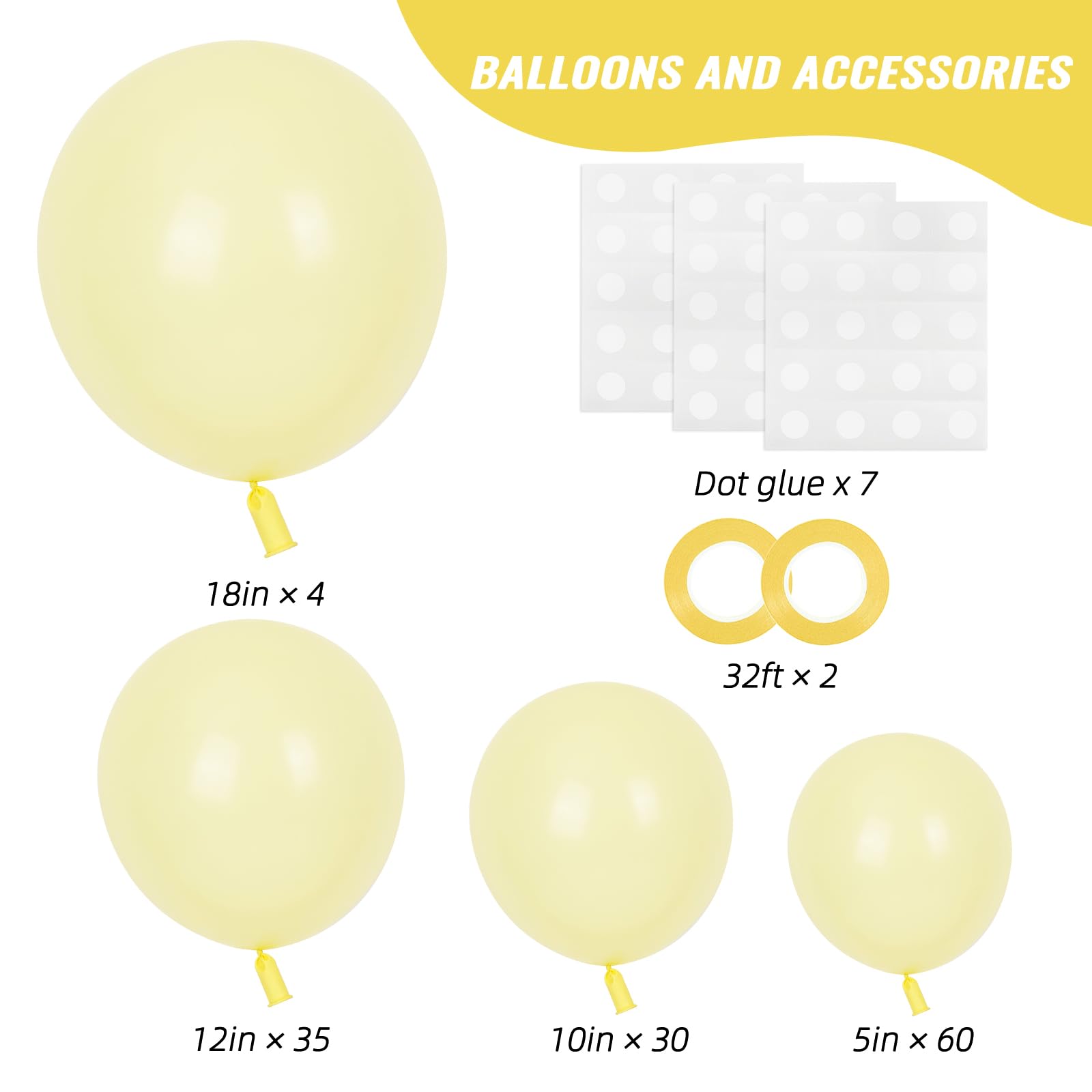 RUBFAC 129pcs Pastel Yellow Balloons Set - 18in, 12in, 10in & 5in for Party Decor