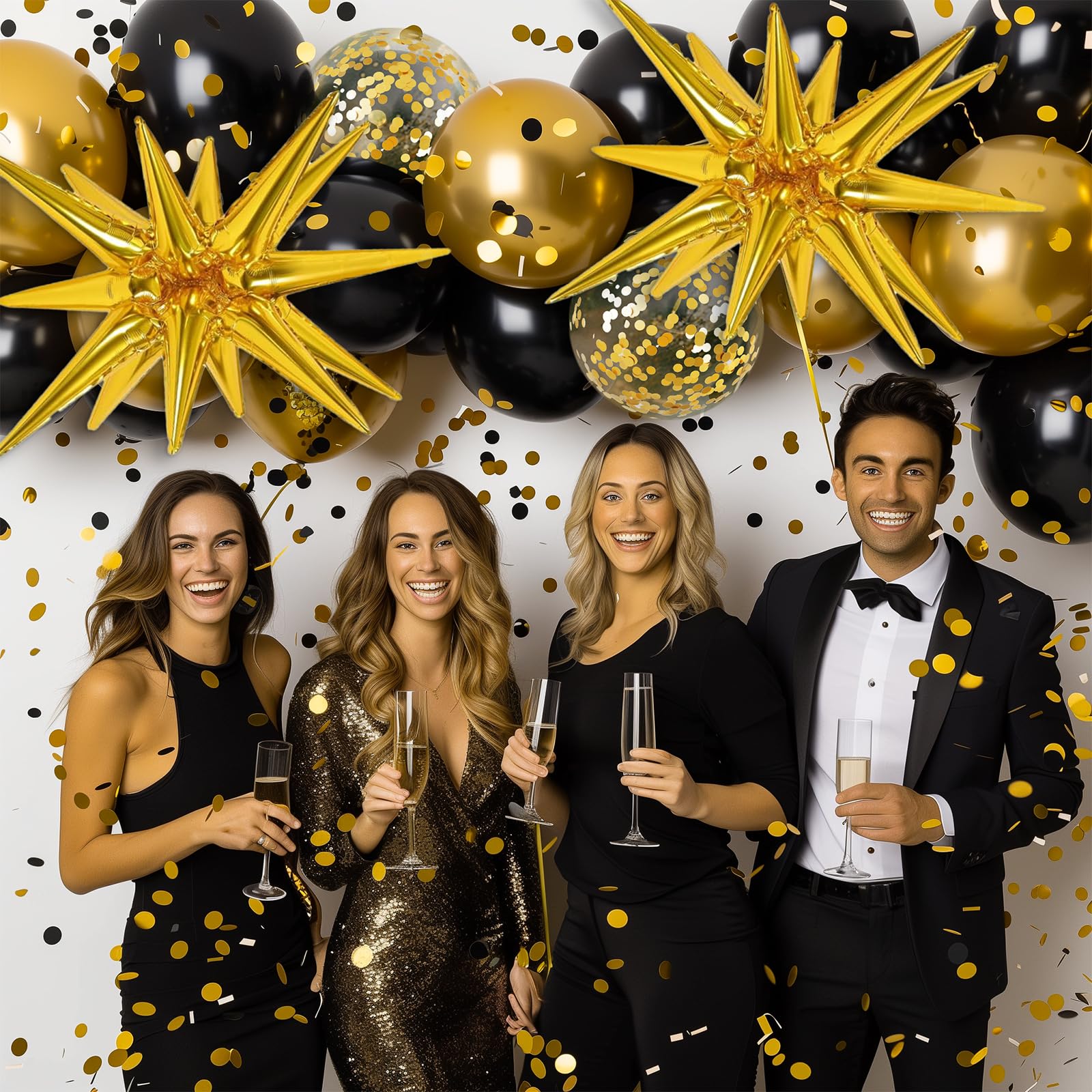RUBFAC 140pcs Black & Gold Balloons Kit – Premium Latex Confetti Stars, 5/10/12/18 Inch for Party Decor