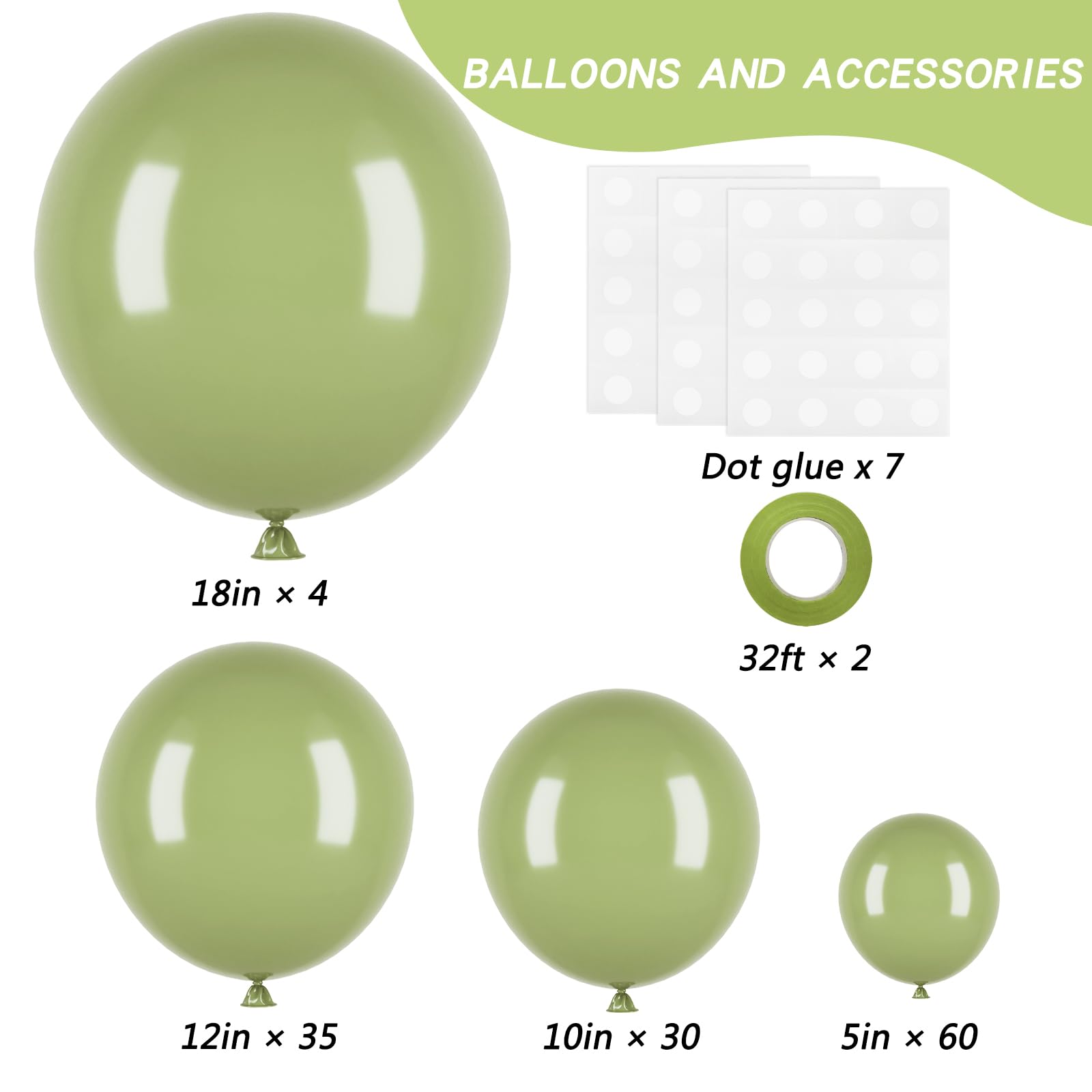 Rubfac Sage Green Balloons 129pcs – Balloon Garland Arch Kit (18/12/10/5in)