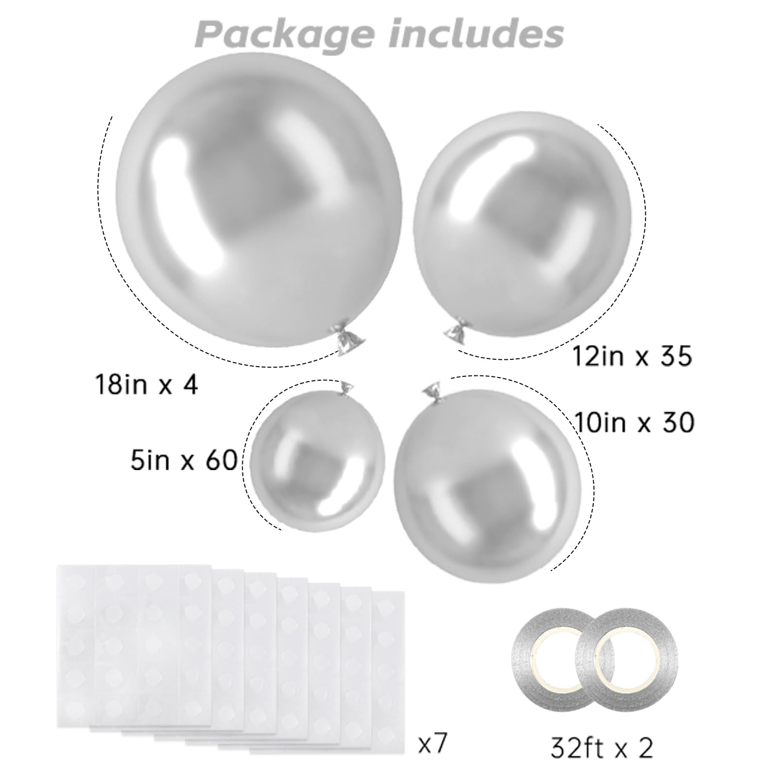 RUBFAC Silver Balloons Kit – 129pcs Metallic Balloons for Garland Arch (18/12/10/5in)