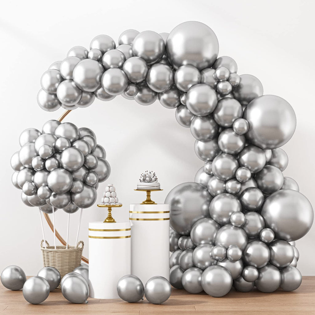 RUBFAC Silver Balloons Kit – 129pcs Metallic Balloons for Garland Arch (18/12/10/5in)