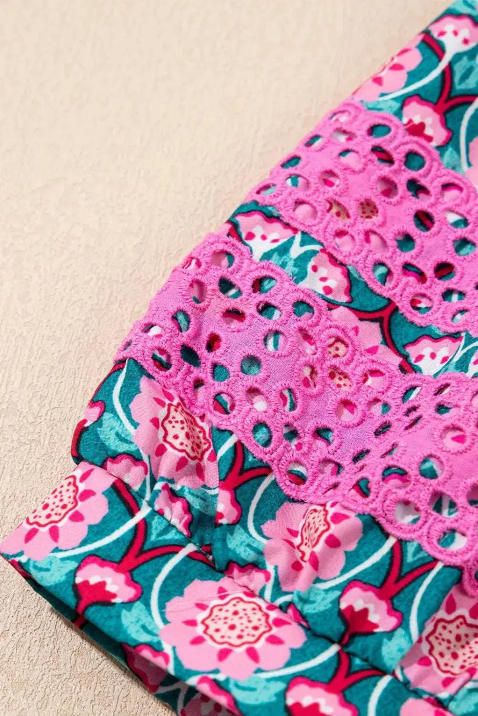 Sachet Pink Ruffle Puff Sleeve V-Neck Blouse with Abstract Floral Print