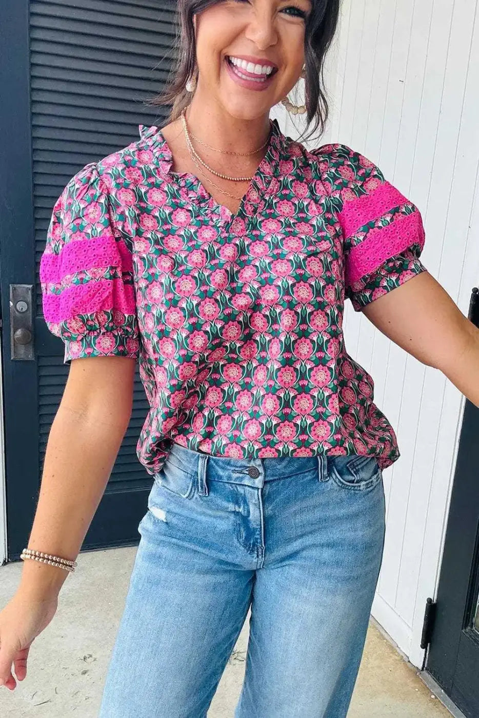 Sachet Pink Ruffle Puff Sleeve V-Neck Blouse with Abstract Floral Print