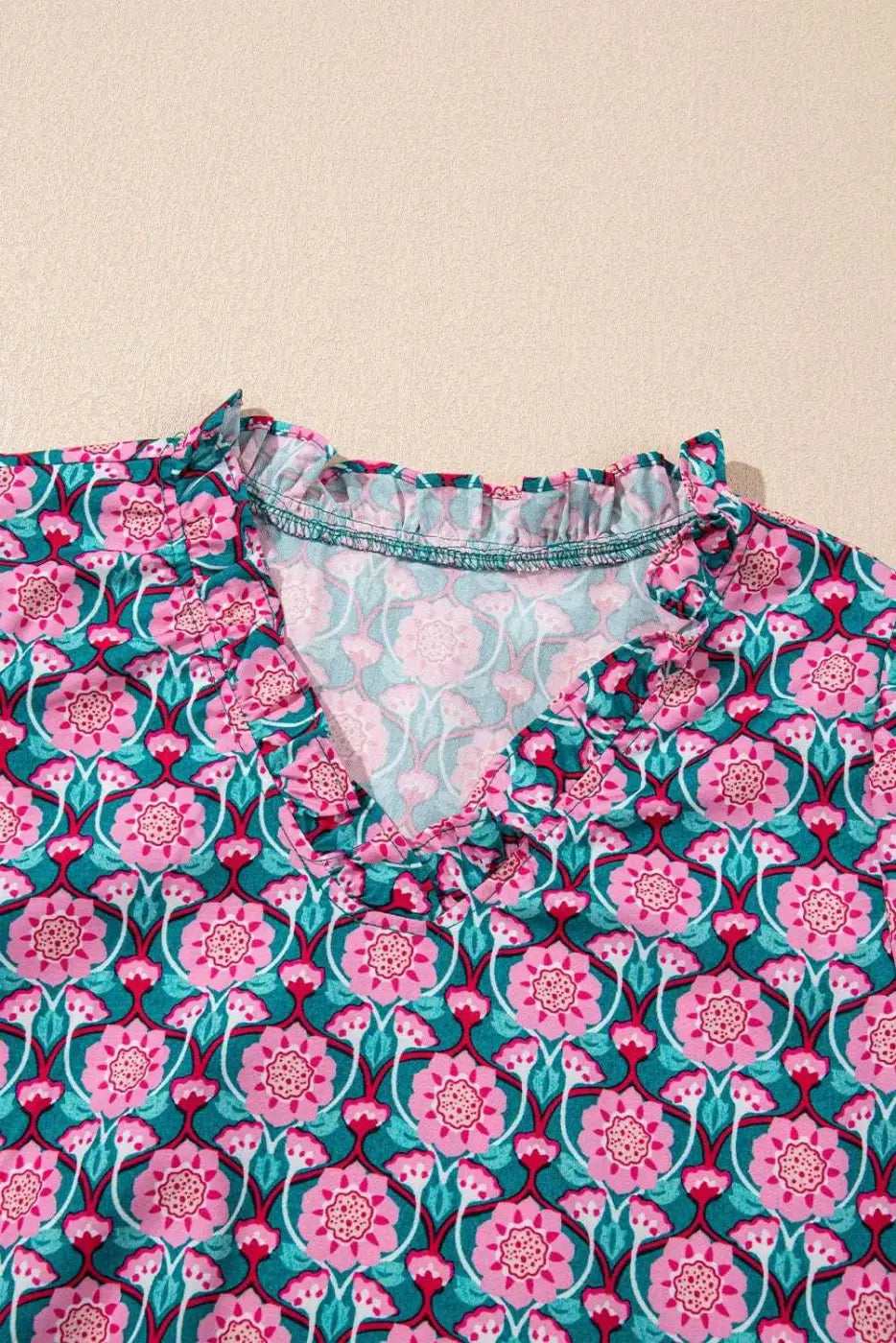 Sachet Pink Ruffle Puff Sleeve V-Neck Blouse with Abstract Floral Print