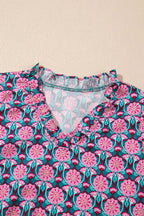 Sachet Pink Ruffle Puff Sleeve V-Neck Blouse with Abstract Floral Print
