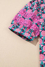 Sachet Pink Ruffle Puff Sleeve V-Neck Blouse with Abstract Floral Print