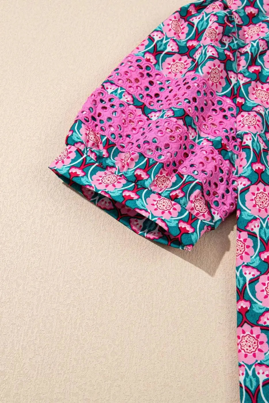 Sachet Pink Ruffle Puff Sleeve V-Neck Blouse with Abstract Floral Print