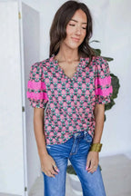 Sachet Pink Ruffle Puff Sleeve V-Neck Blouse with Abstract Floral Print