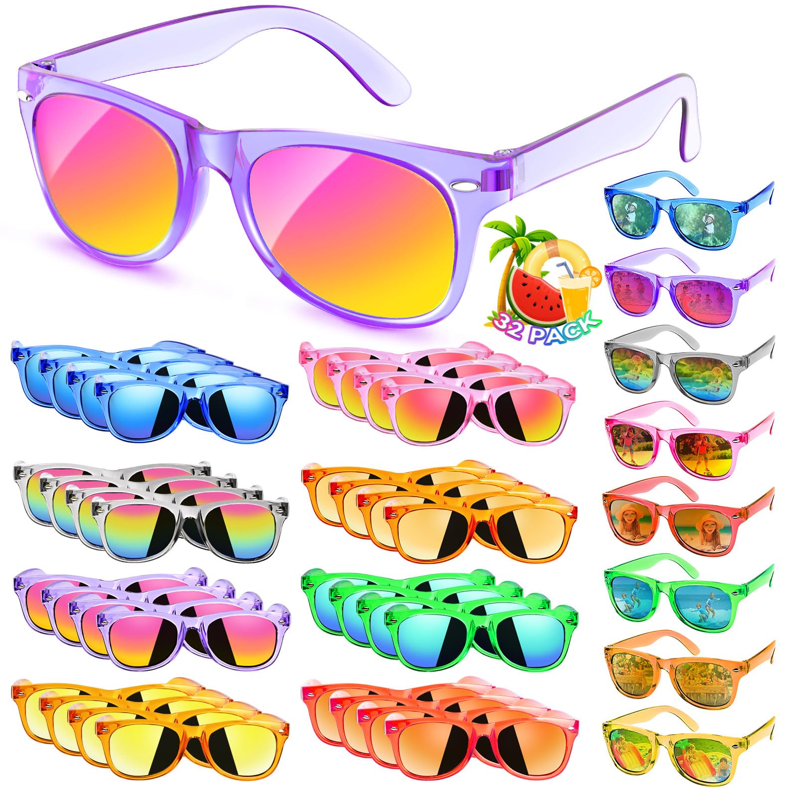 Rugort Kids Sunglasses 32-Pack Party Favors – UV400 Neon Colors for Ages 3-8