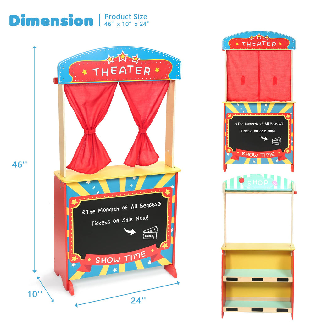 Rundad Wooden Puppet Theater with Bonus Puppets, Lemonade Stand & Chalkboard