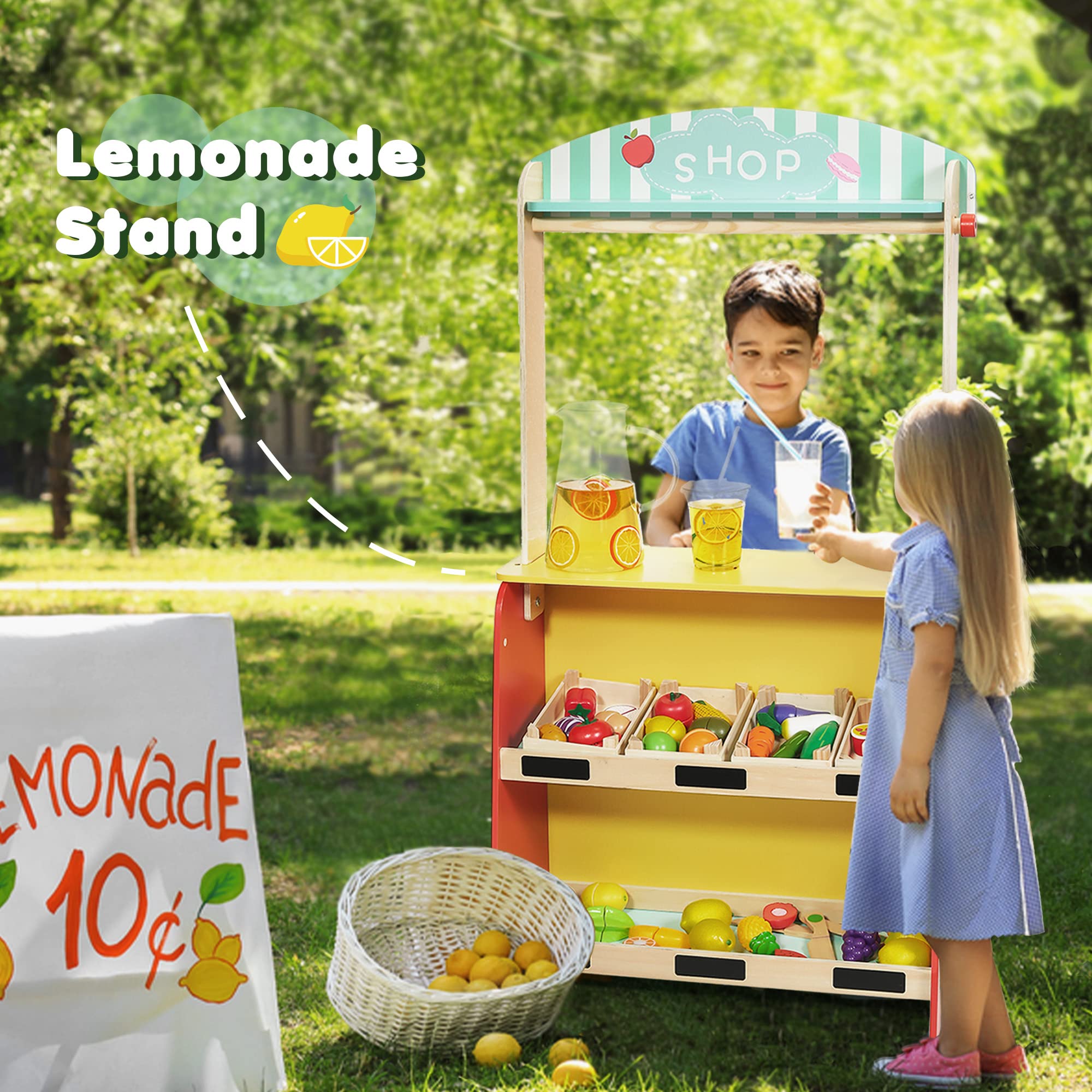 Rundad Wooden Puppet Theater with Bonus Puppets, Lemonade Stand & Chalkboard