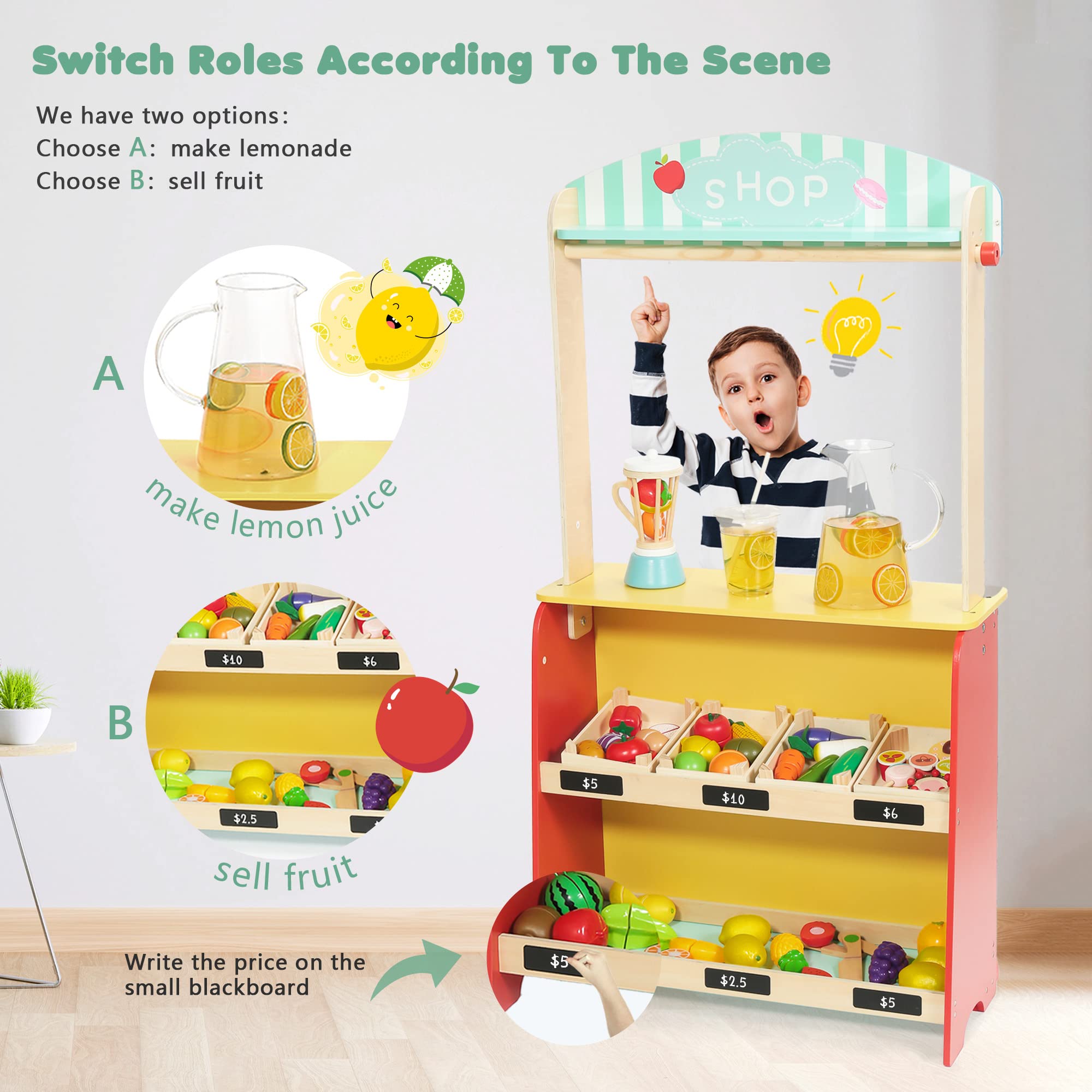 Rundad Wooden Puppet Theater with Bonus Puppets, Lemonade Stand & Chalkboard