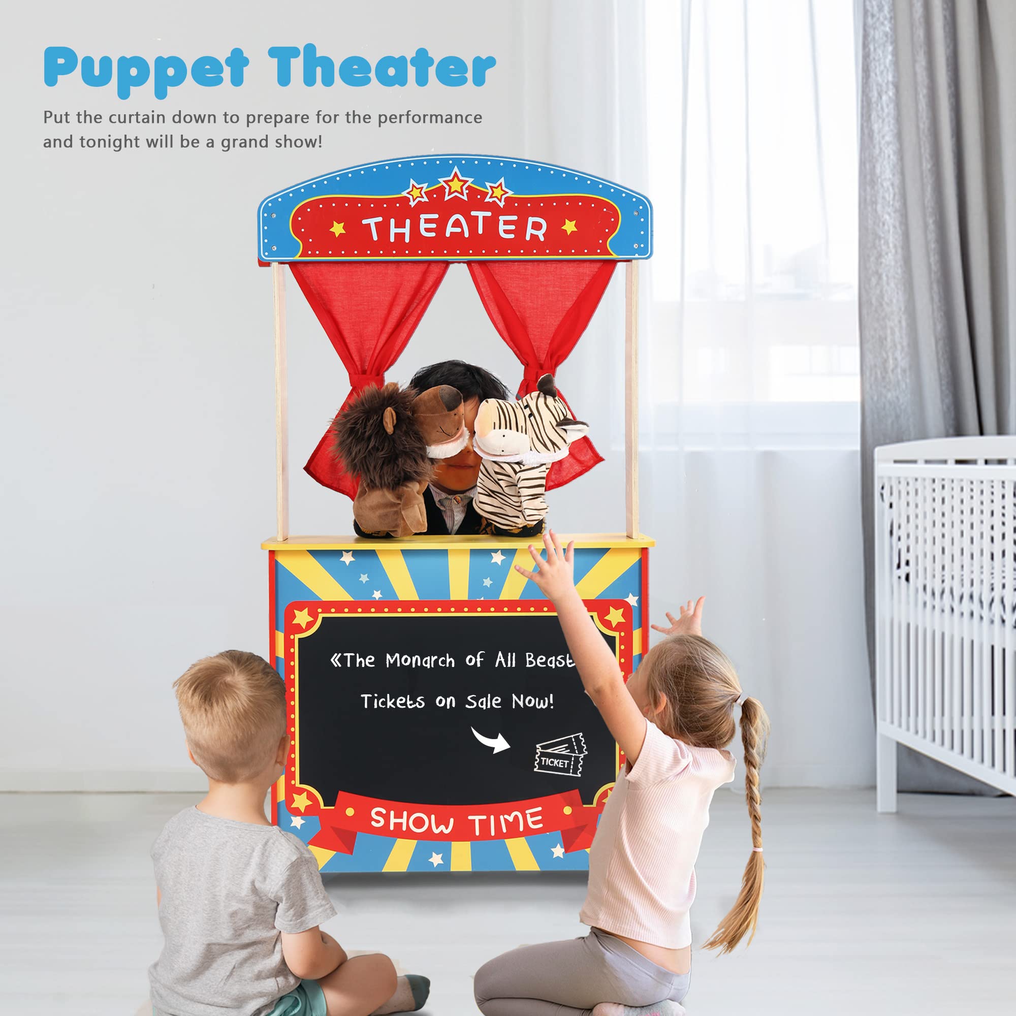 Rundad Wooden Puppet Theater with Bonus Puppets, Lemonade Stand & Chalkboard