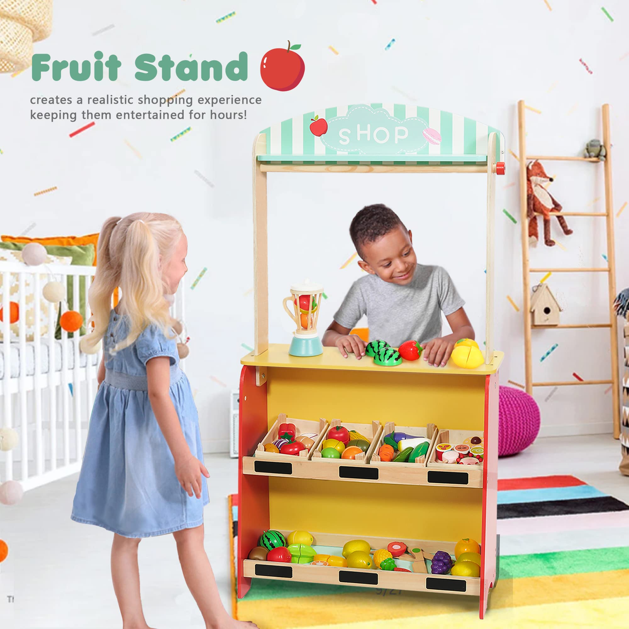 Rundad Wooden Puppet Theater with Bonus Puppets, Lemonade Stand & Chalkboard