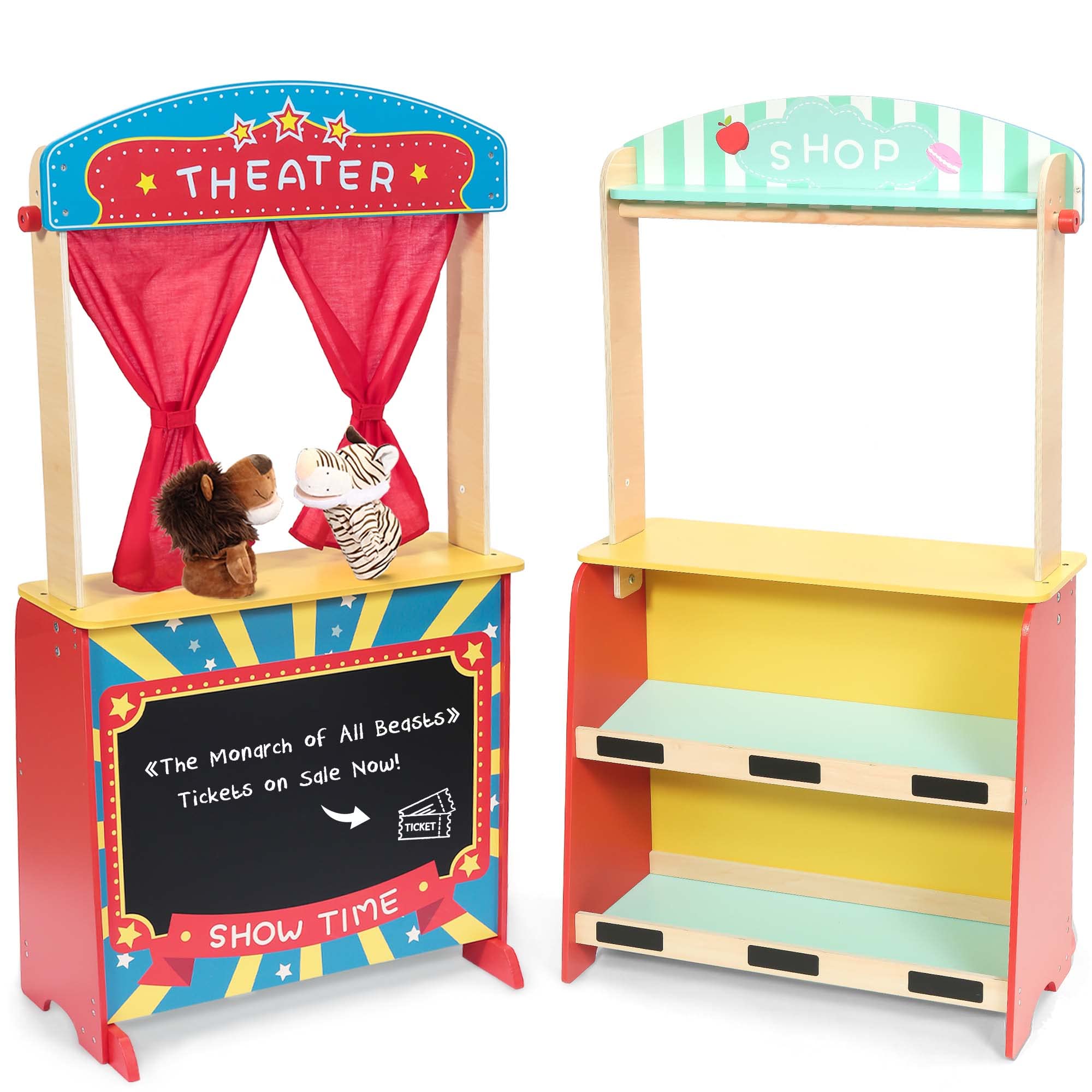 Rundad Wooden Puppet Theater with Bonus Puppets, Lemonade Stand & Chalkboard