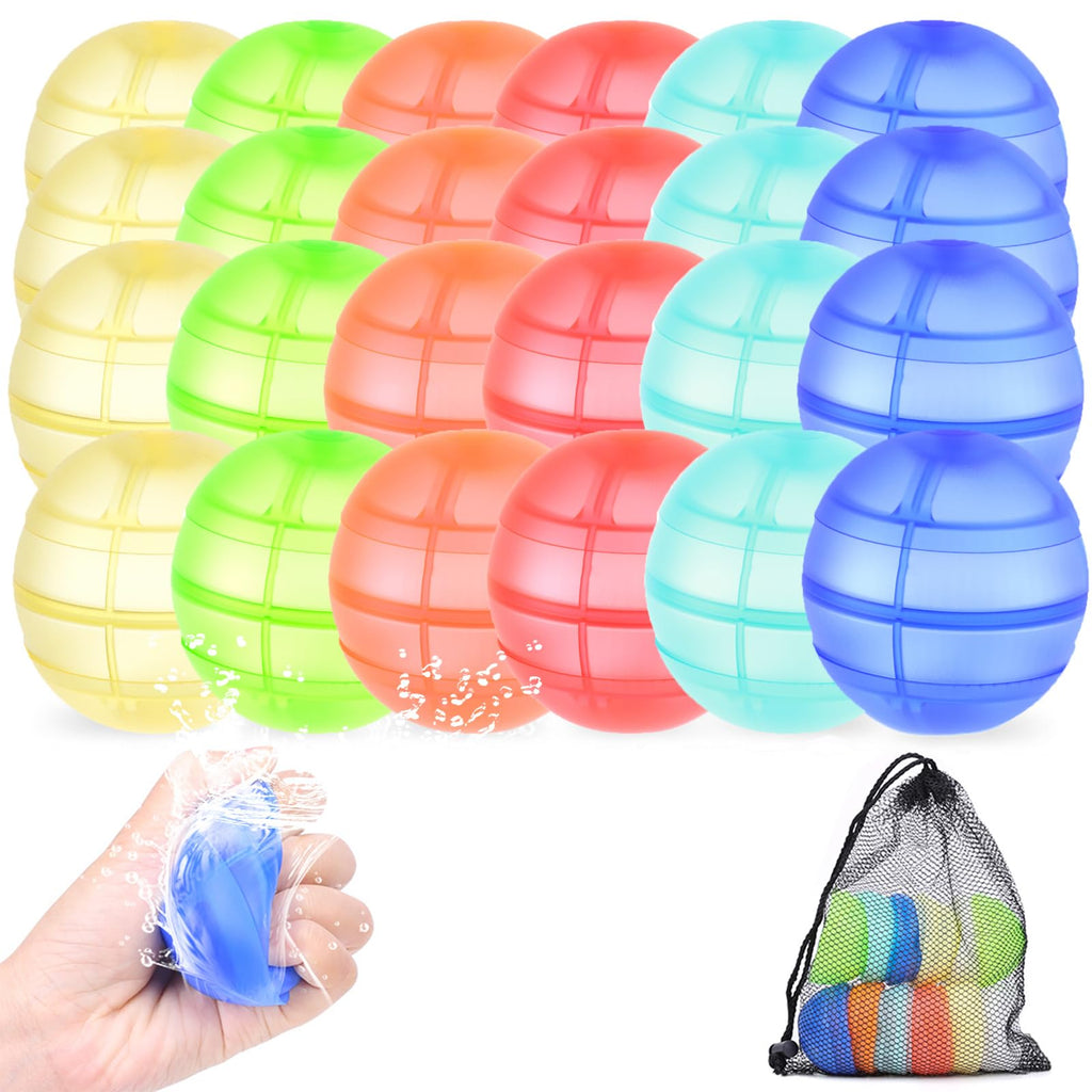 RURING Reusable Water Balloons for Kids – 24 Silicone Self-Sealing Balloons with Mesh Bag