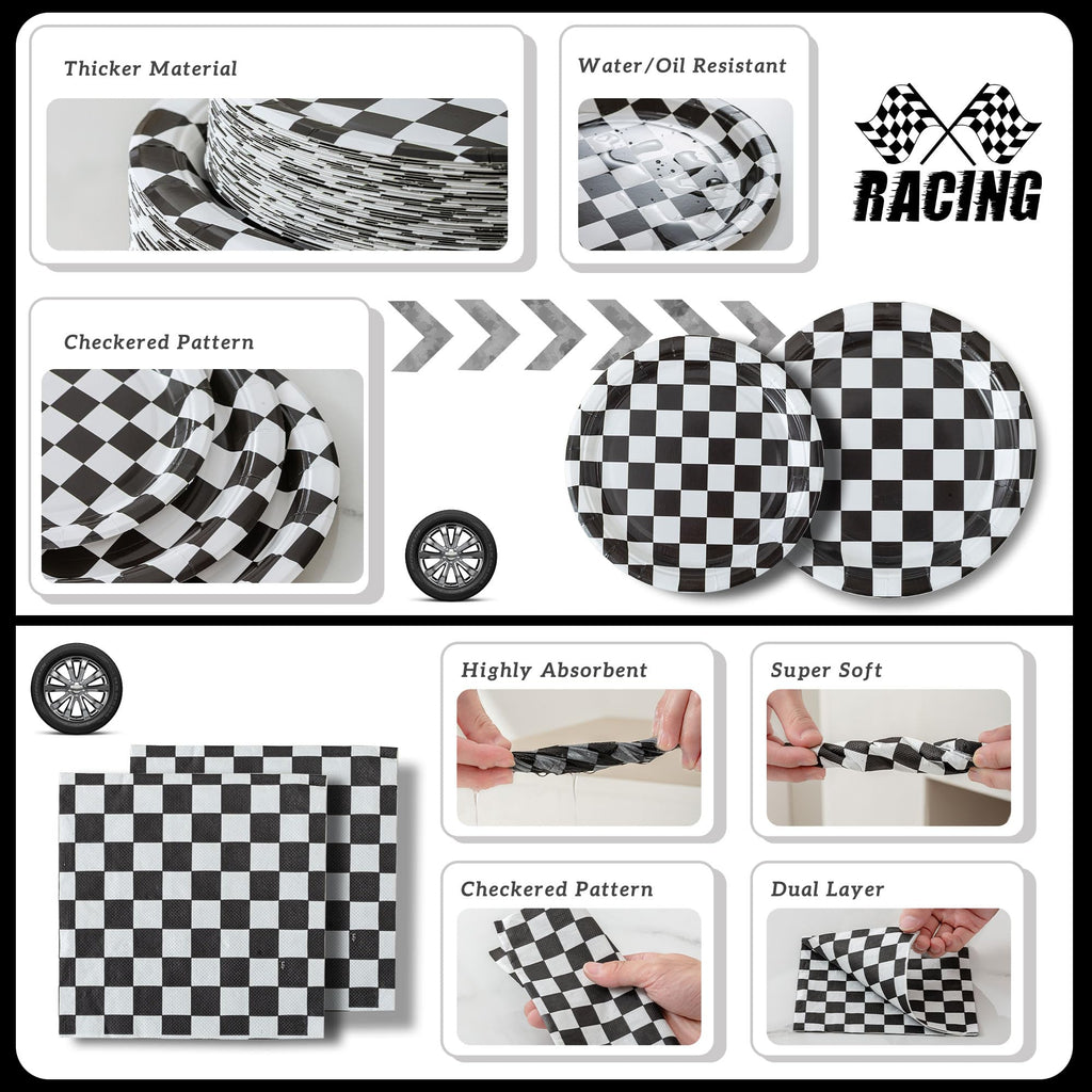 RVXHUA 150-Piece Race Car Party Set — Black & White Checkered Plates & Napkins for 50 Guests