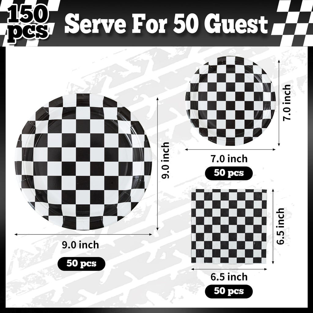 RVXHUA 150-Piece Race Car Party Set — Black & White Checkered Plates & Napkins for 50 Guests