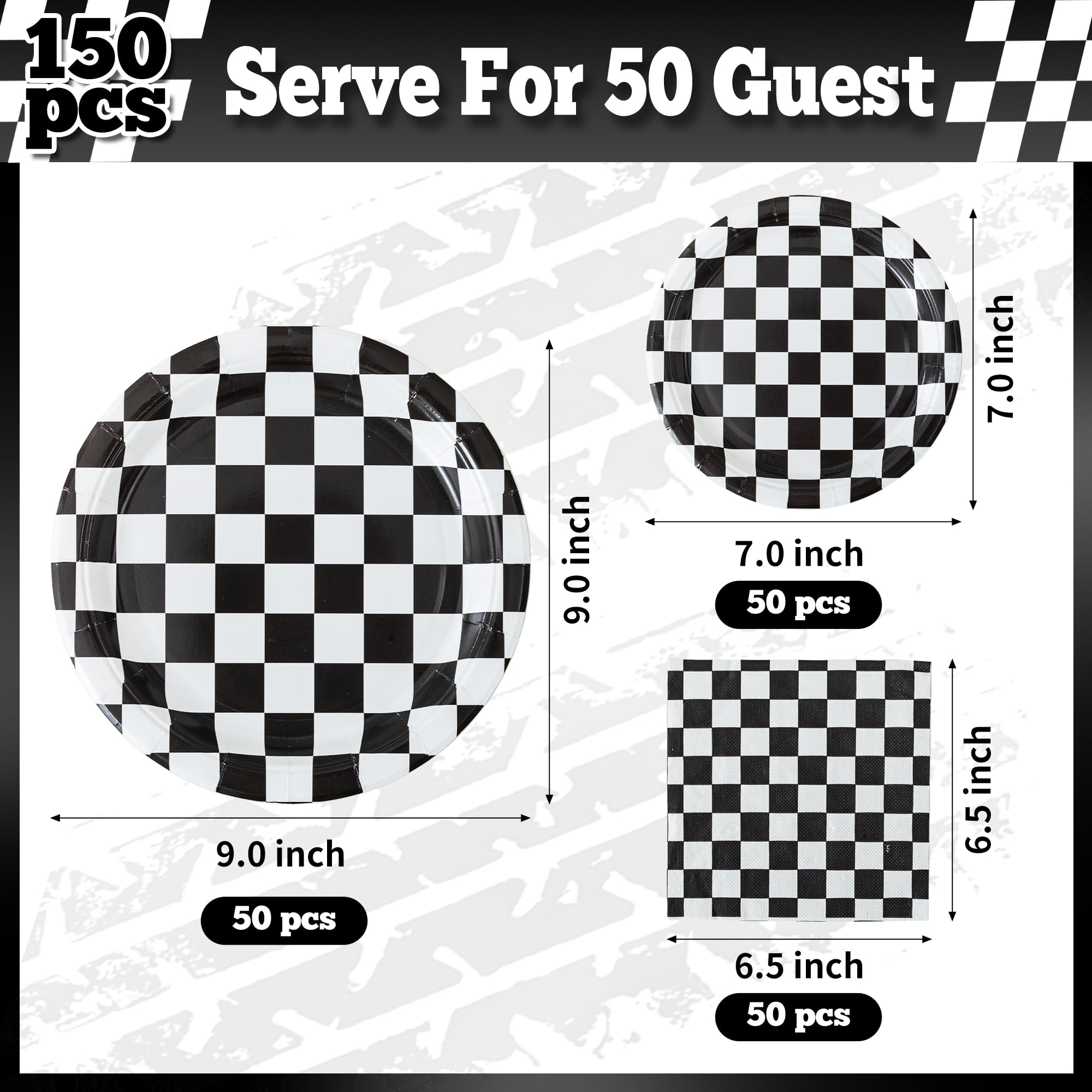 RVXHUA 150-Piece Race Car Party Set — Black & White Checkered Plates & Napkins for 50 Guests