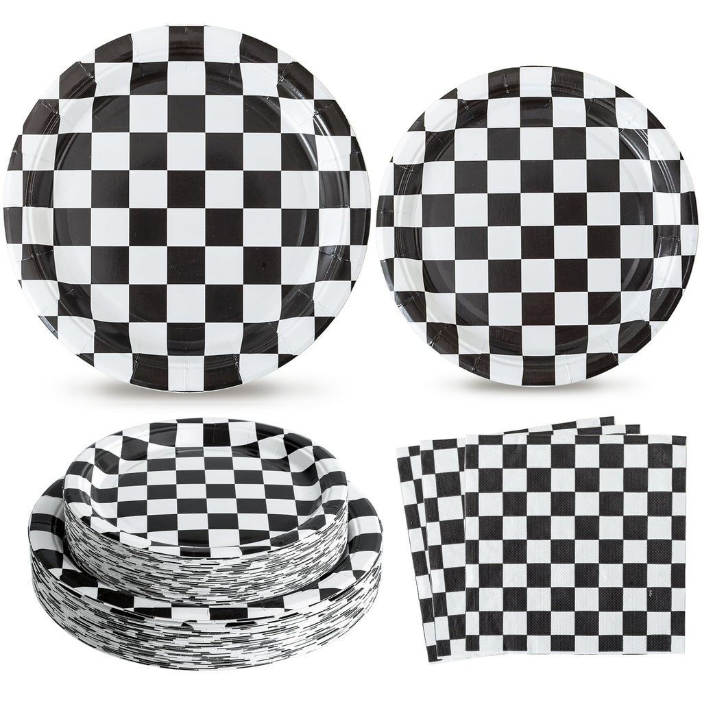 RVXHUA 150-Piece Race Car Party Set — Black & White Checkered Plates & Napkins for 50 Guests