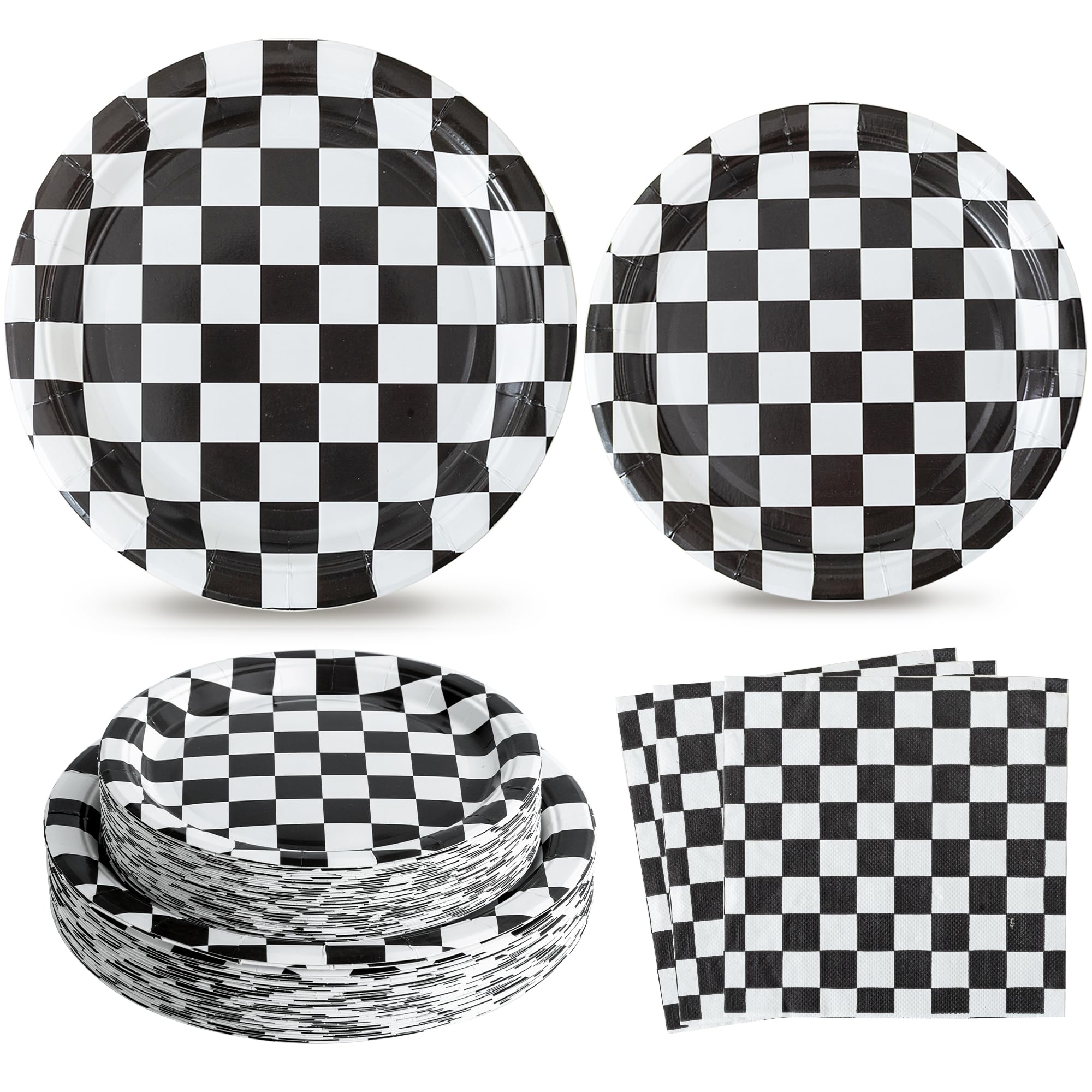 RVXHUA 150-Piece Race Car Party Set — Black & White Checkered Plates & Napkins for 50 Guests