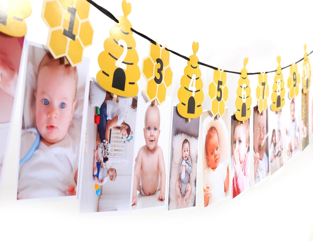 Rweseo Bee 1st Birthday Banner - Bumble Bee First Birthday Decorations & 12 Month Photo Banner