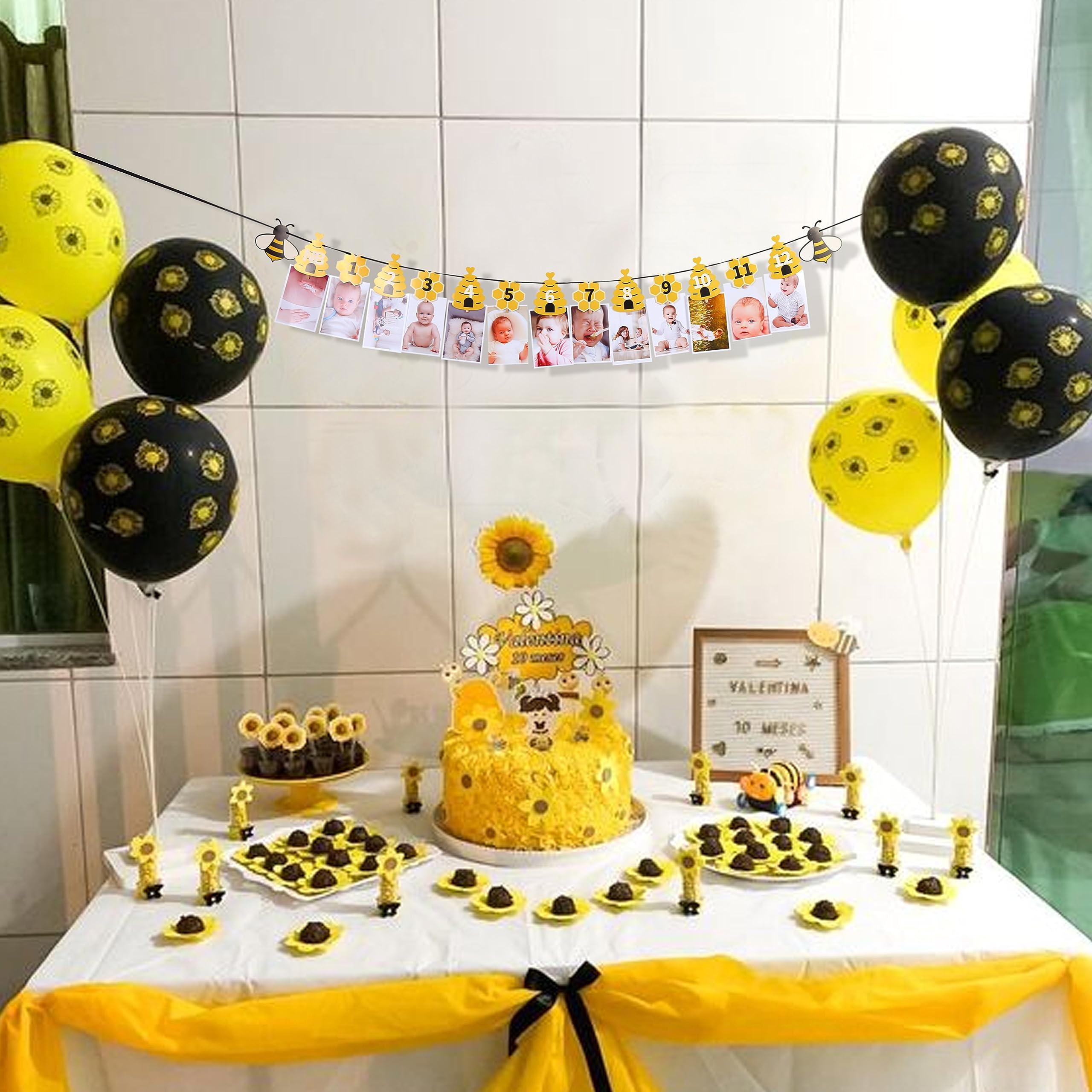 Rweseo Bee 1st Birthday Banner - Bumble Bee First Birthday Decorations & 12 Month Photo Banner