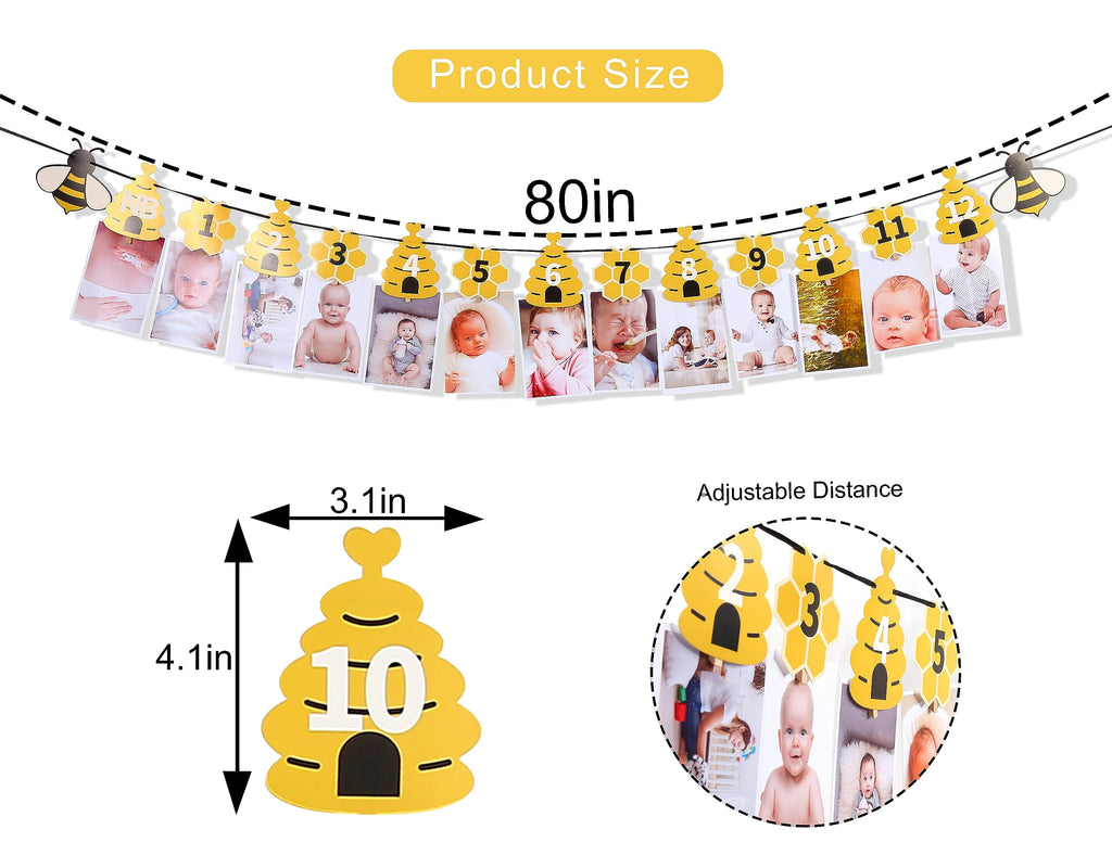 Rweseo Bee 1st Birthday Banner - Bumble Bee First Birthday Decorations & 12 Month Photo Banner