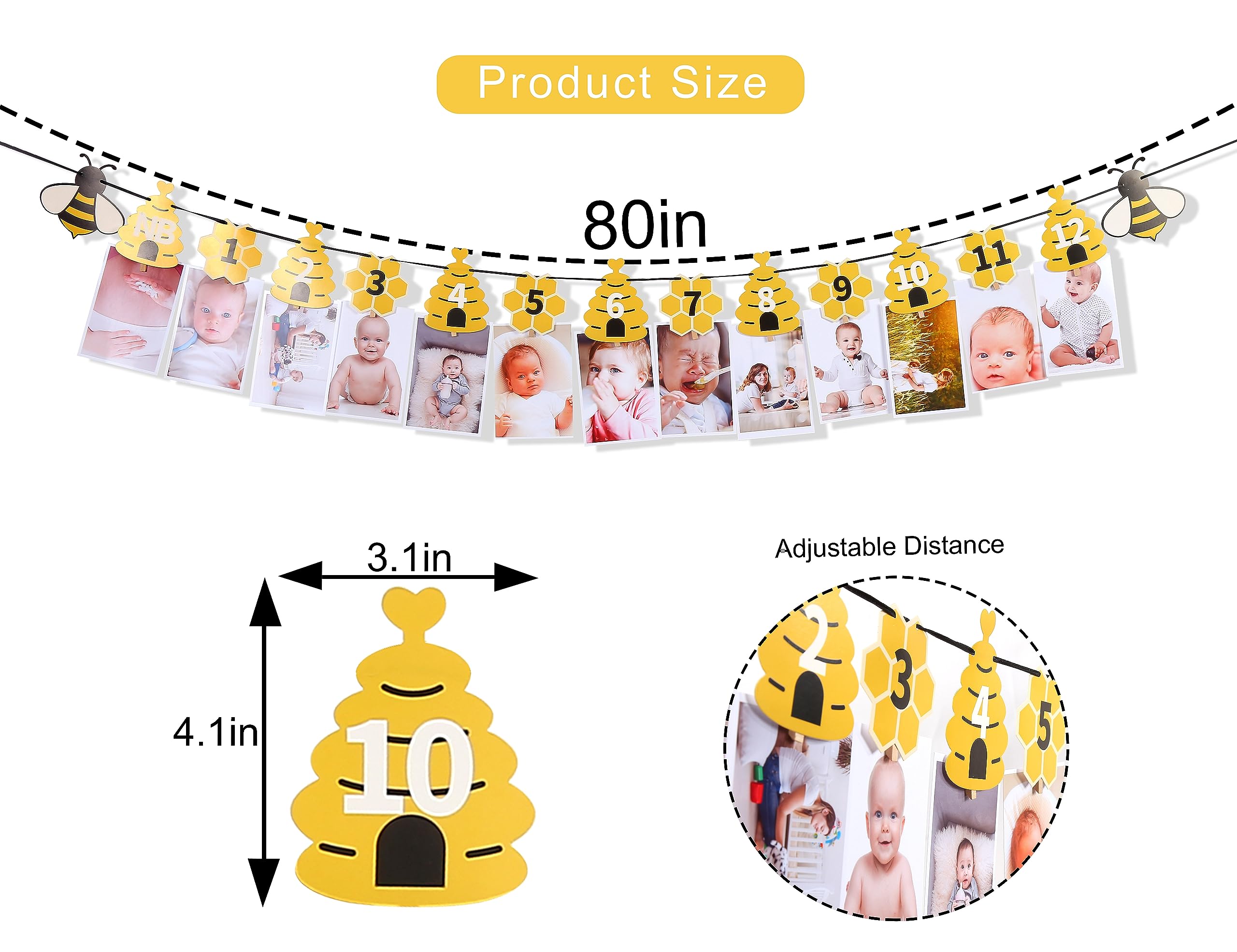 Rweseo Bee 1st Birthday Banner - Bumble Bee First Birthday Decorations & 12 Month Photo Banner