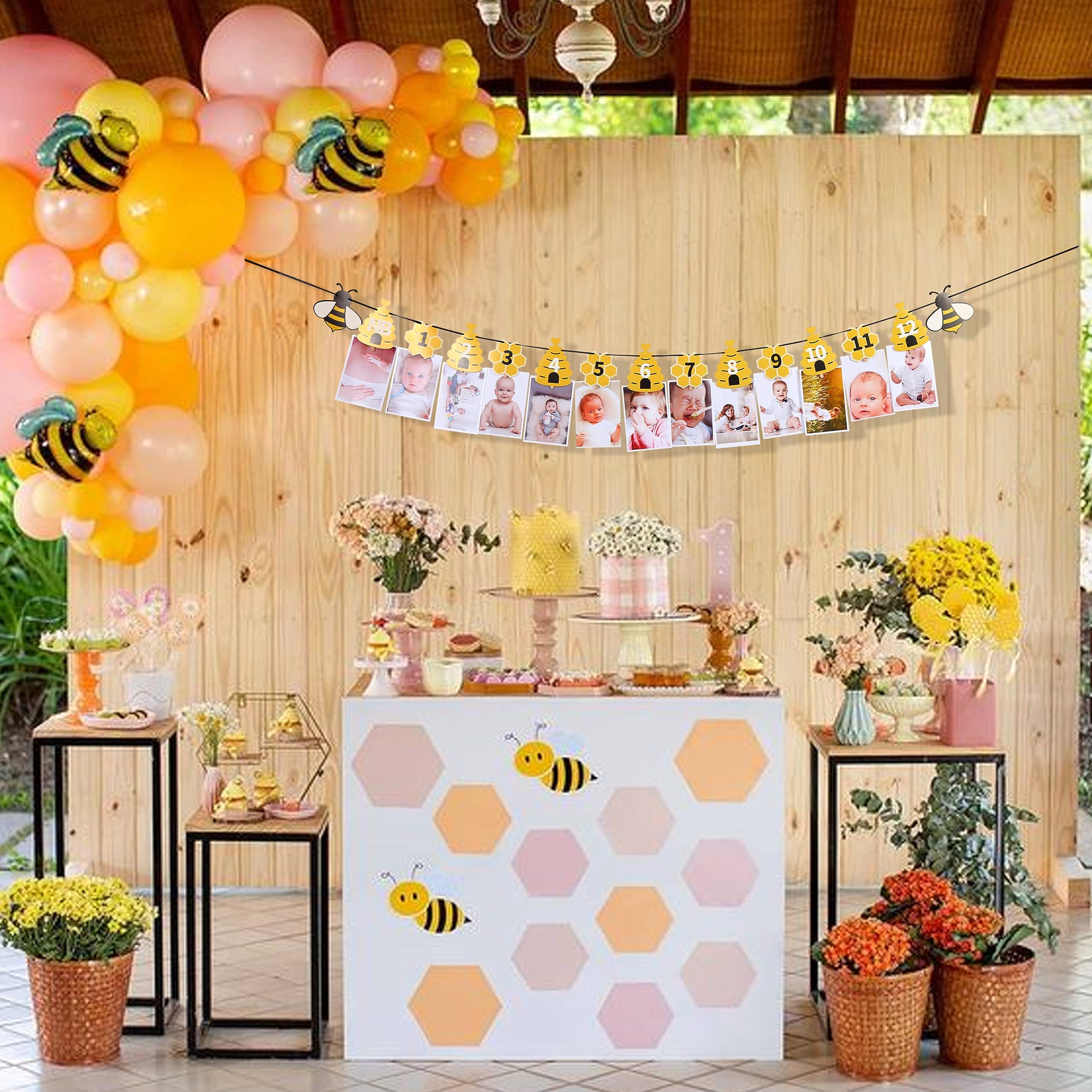 Rweseo Bee 1st Birthday Banner - Bumble Bee First Birthday Decorations & 12 Month Photo Banner