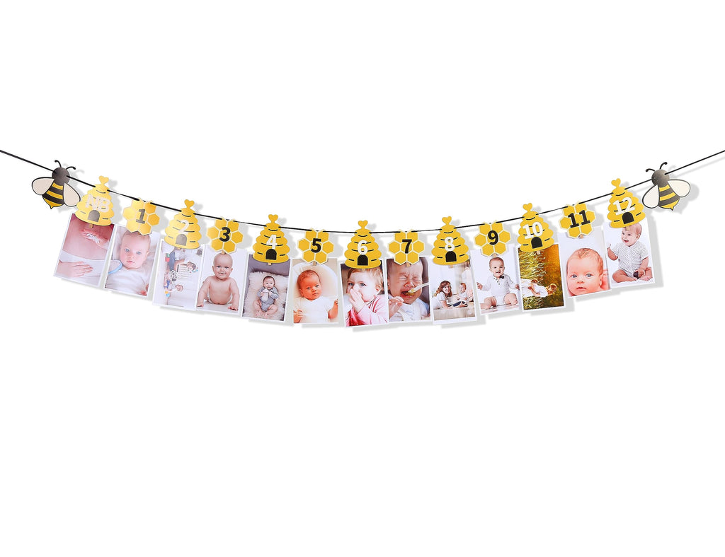 Rweseo Bee 1st Birthday Banner - Bumble Bee First Birthday Decorations & 12 Month Photo Banner