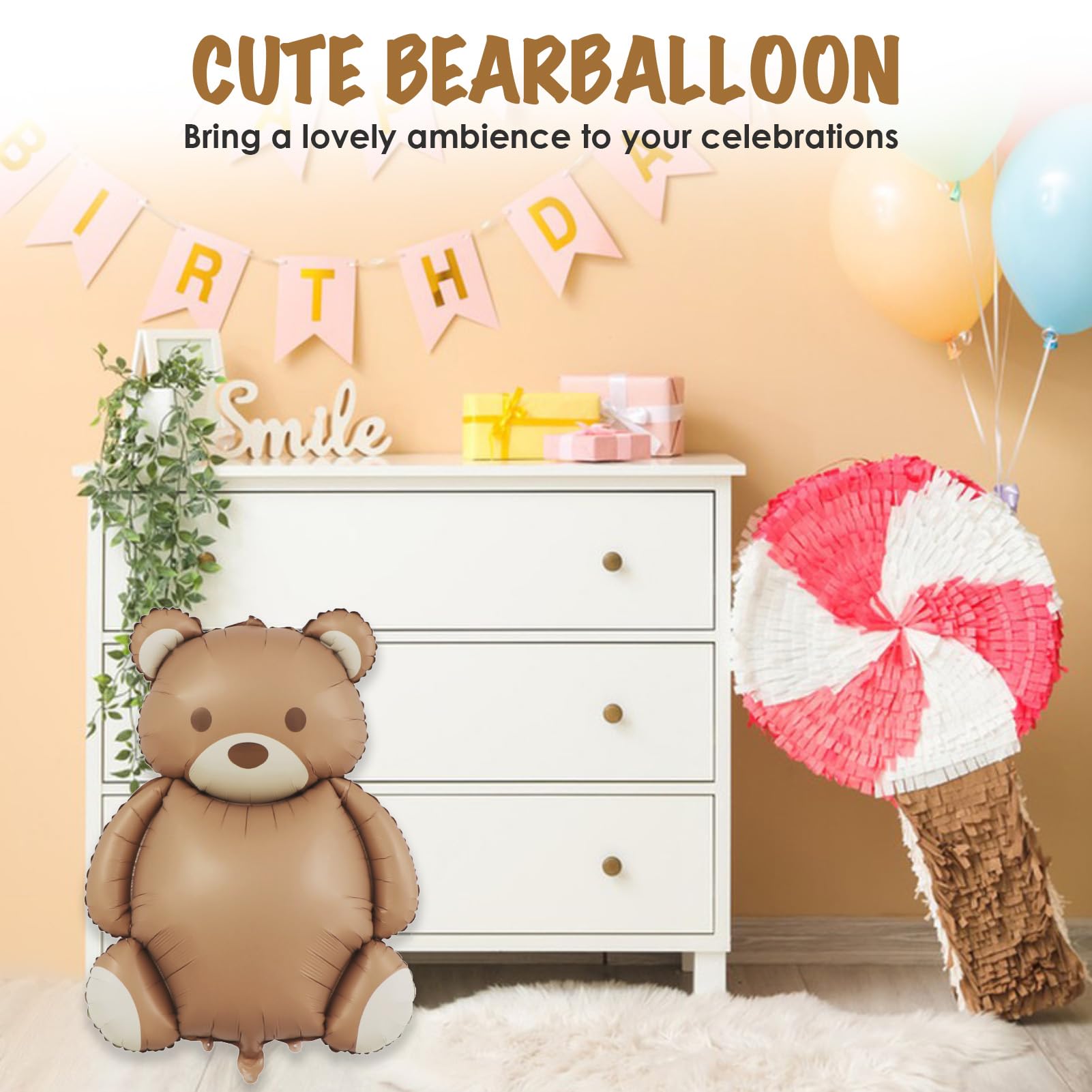 Ryetvok 4 Pcs Bear Balloons – Oversized Matte Brown Teddy Bear Foil Balloons 35x25.6 Inches for Beary First Birthday, Baby Shower & Jungle Parties