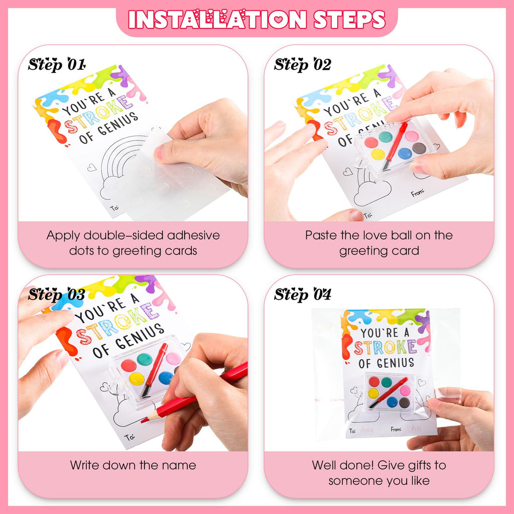 Sabary 50 Pack Valentines Day Gift Set for Kids – Watercolor Paints & Gift Cards for Class Exchanges & Party Favors