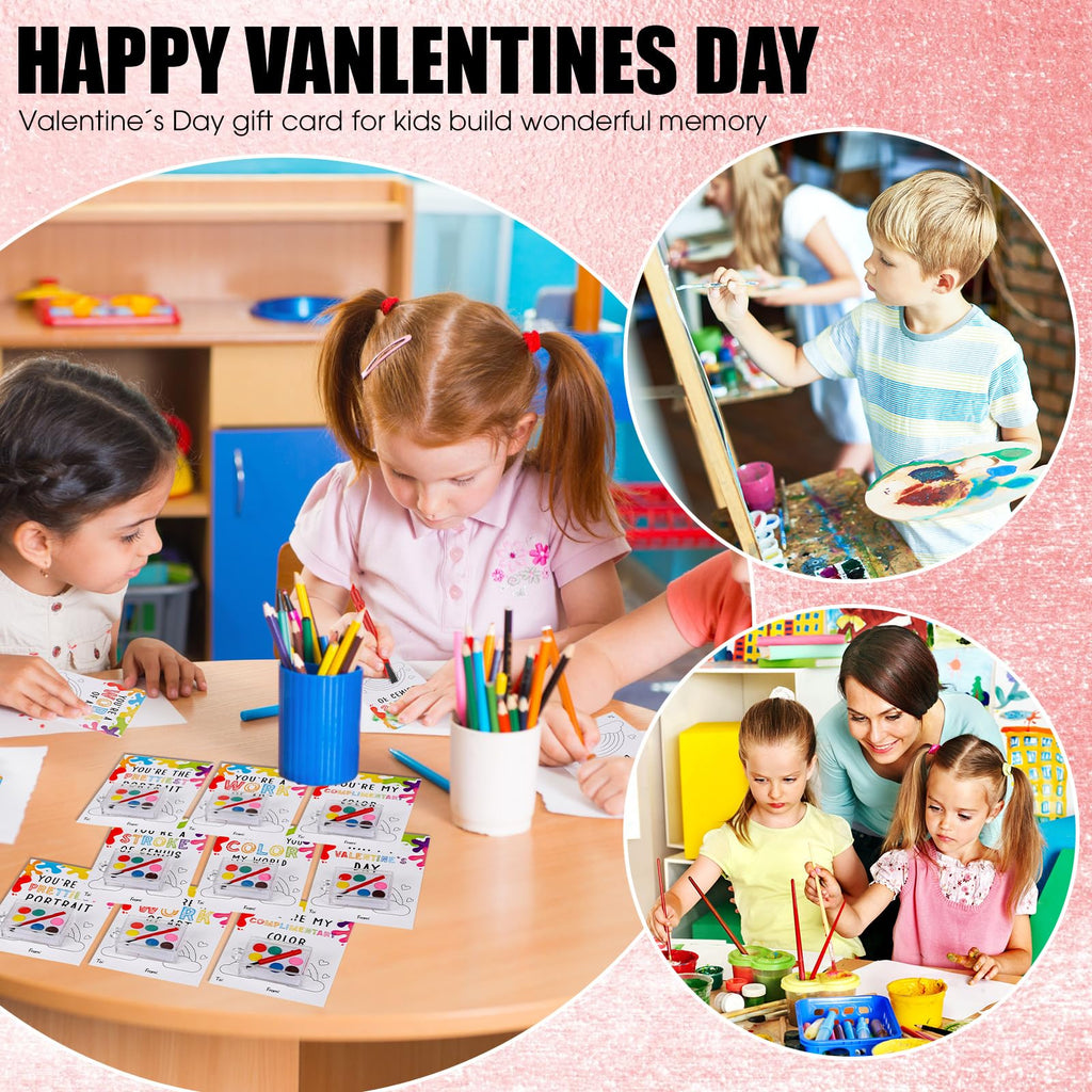 Sabary 50 Pack Valentines Day Gift Set for Kids – Watercolor Paints & Gift Cards for Class Exchanges & Party Favors