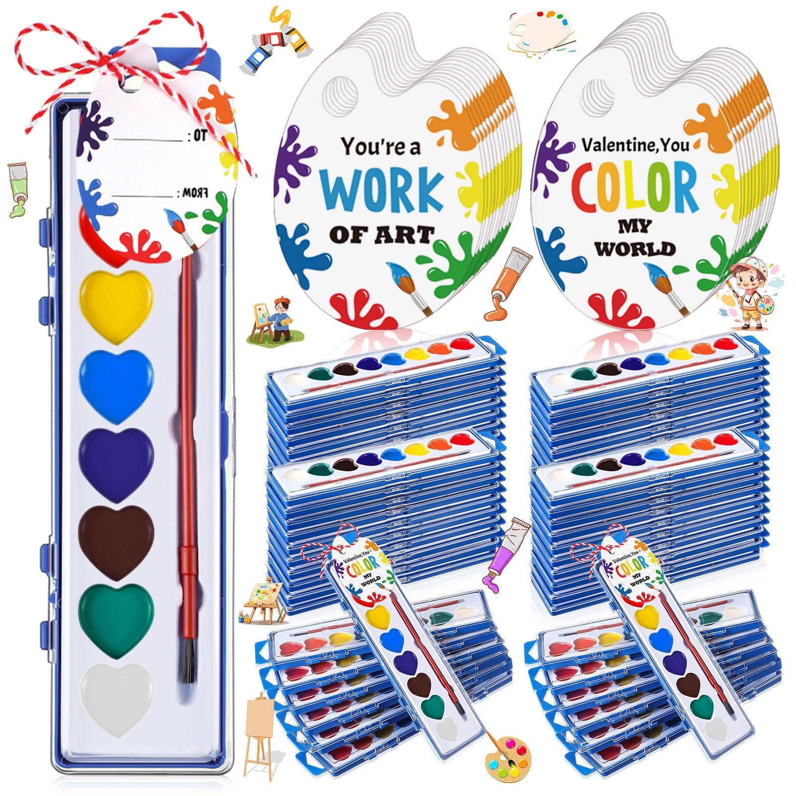 Sabary 50-Pack Heart Watercolor Paint Set with Cards & 20m Rope – Party Favors & Art Supplies