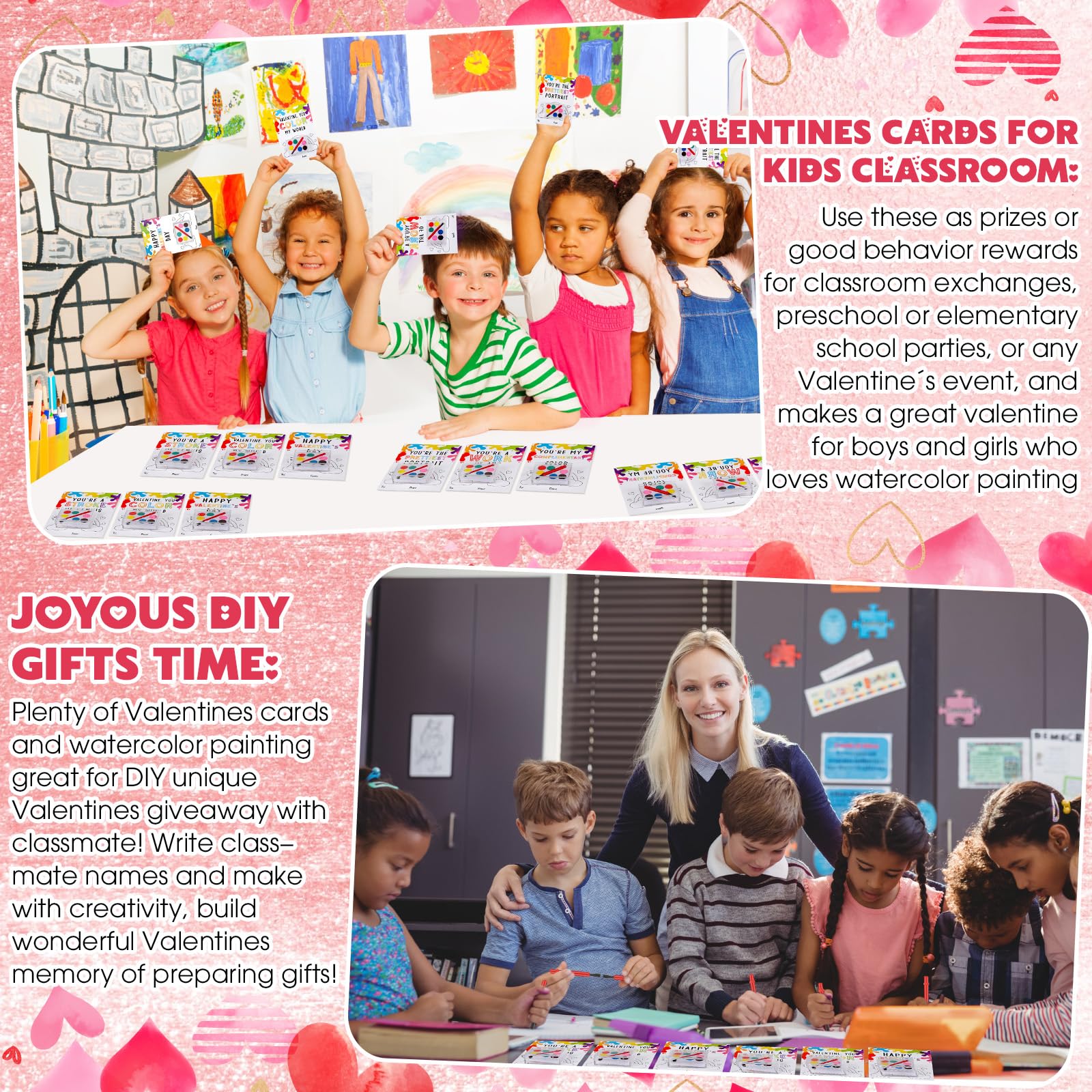 Sabary 50 Pack Valentines Day Gift Set for Kids – Watercolor Paints & Gift Cards for Class Exchanges & Party Favors
