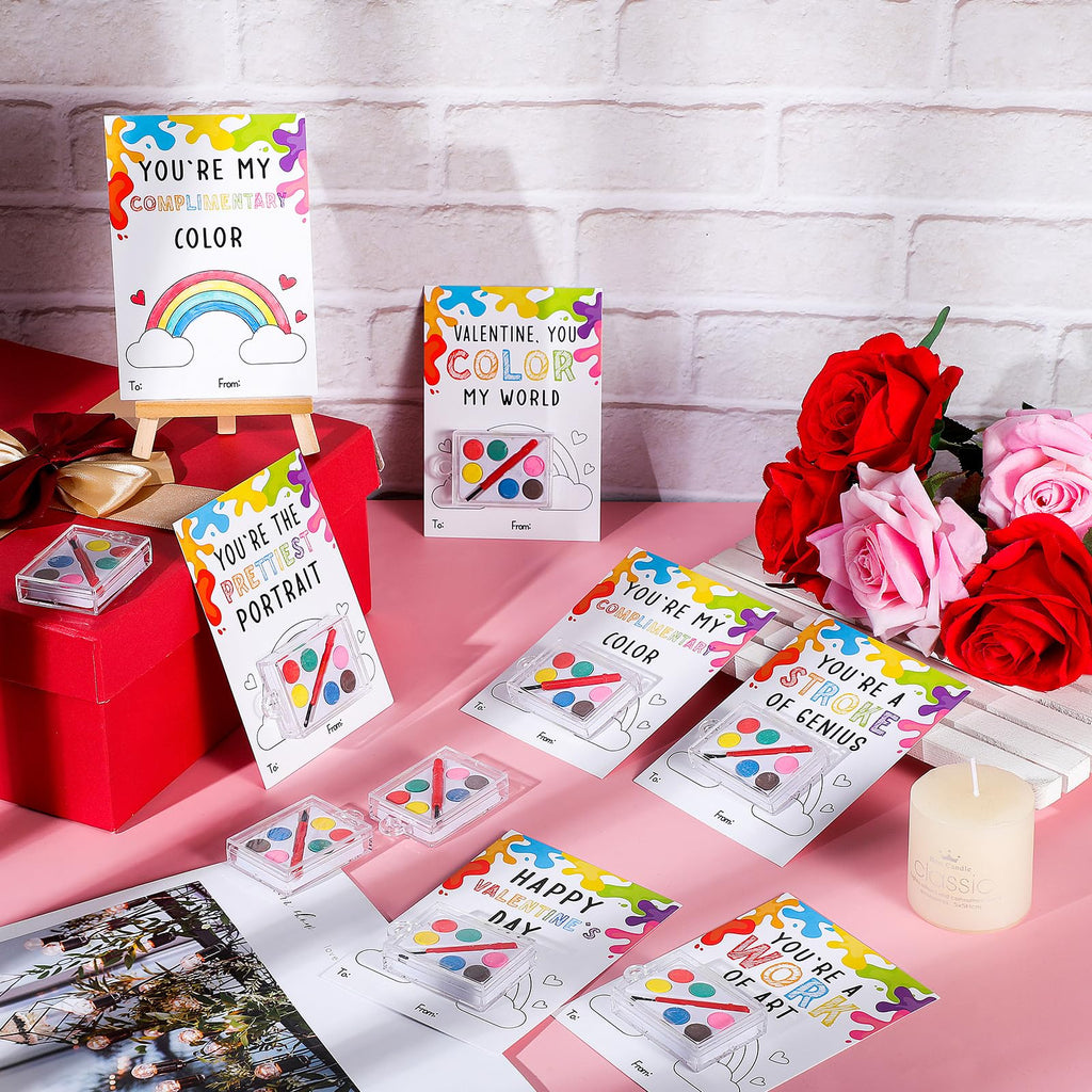 Sabary 50 Pack Valentines Day Gift Set for Kids – Watercolor Paints & Gift Cards for Class Exchanges & Party Favors