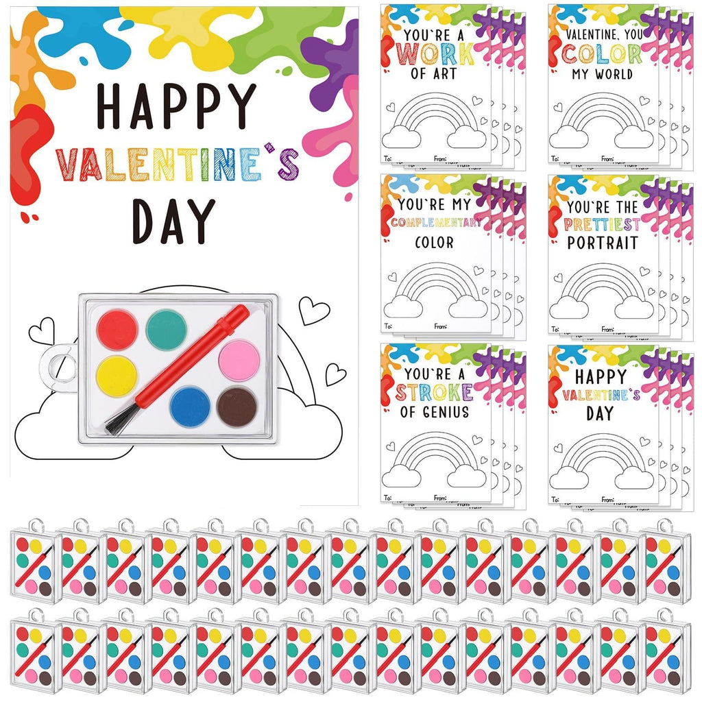 Sabary 50 Pack Valentines Day Gift Set for Kids – Watercolor Paints & Gift Cards for Class Exchanges & Party Favors