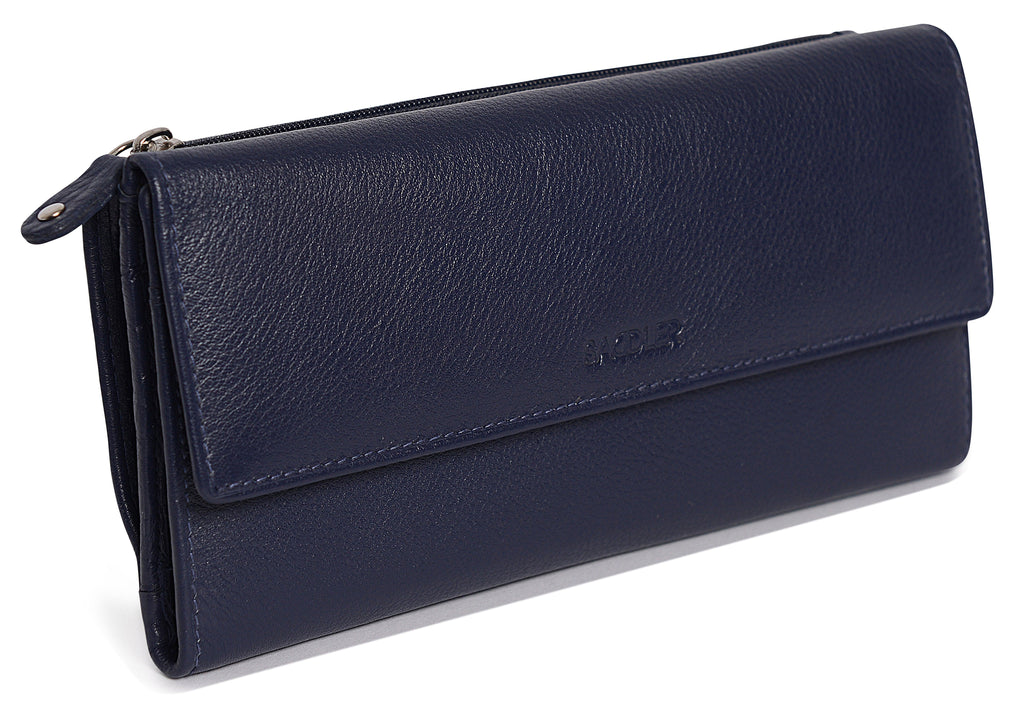 SADDLER CLAIRE Long Leather Trifold Purse - 18 Card Slots, Dual Zip Pockets, and Note Sections - RFID Protected