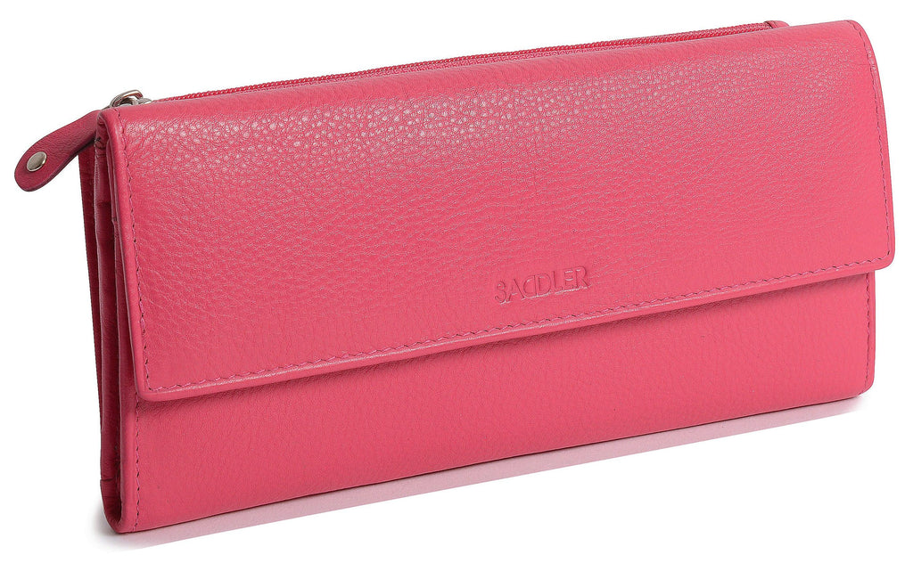SADDLER CLAIRE Long Leather Trifold Purse - 18 Card Slots, Dual Zip Pockets, and Note Sections - RFID Protected