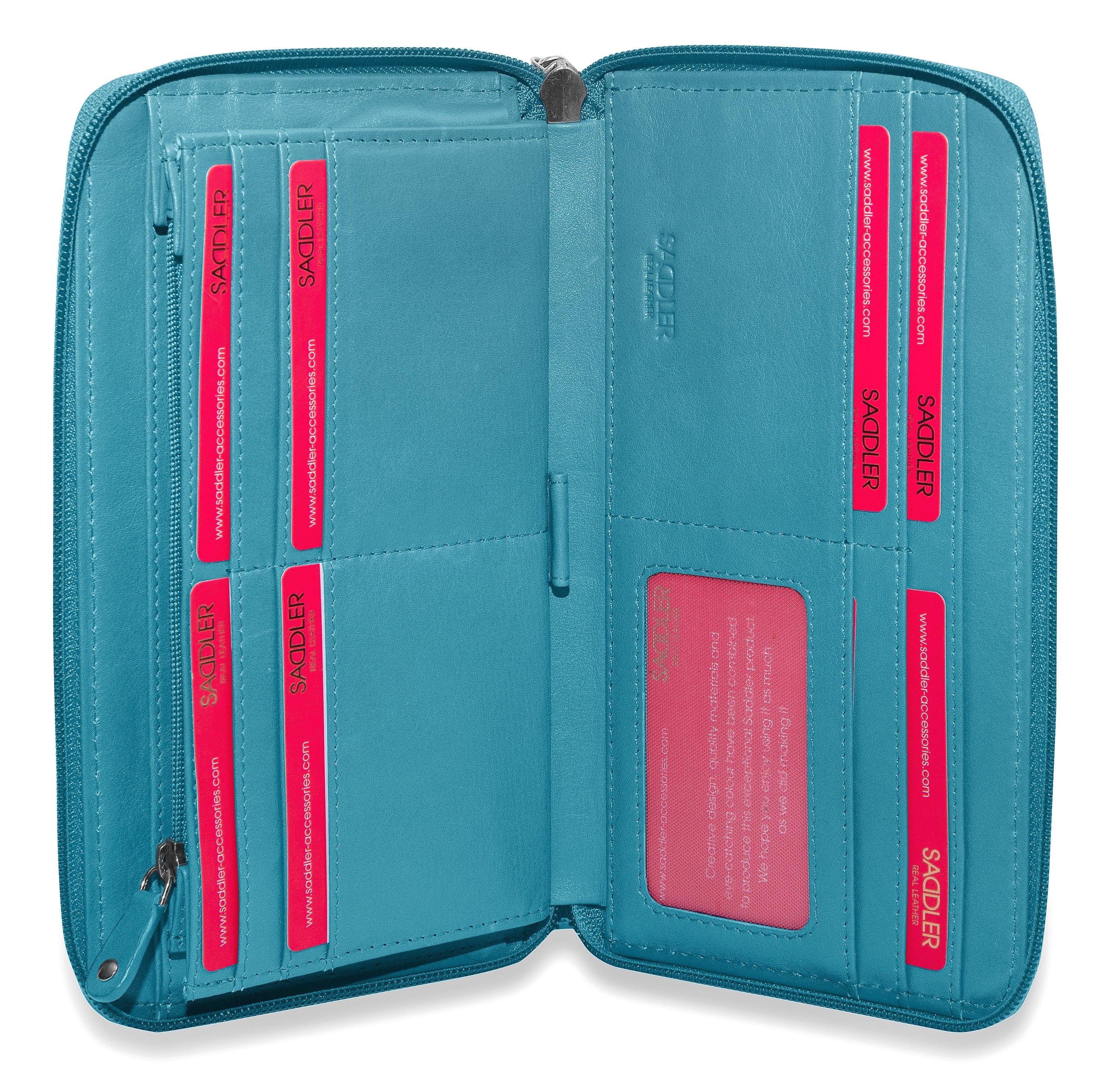 SADDLER SOPHIA Leather Zip Around Purse  - 15 Card slots, Mobile Phone Pocket,  Detachable Wrist Strap- RFID Protected