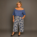 Grey Blue Floral Elastic Waist 3/4 Length Palazzo Trousers / Culottes