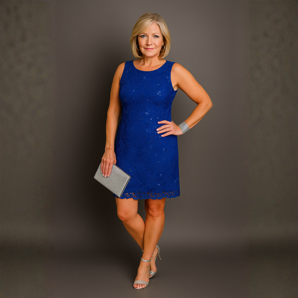 Sequin & Lace Sleeveless Shift Party / Evening Dress