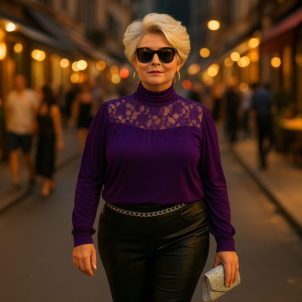 Polo Neck Lace Neckline Long Sleeve Top