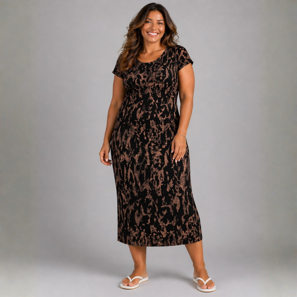 Black Tie Dye Short Sleeve Stretchy T-Shirt Midi Dress